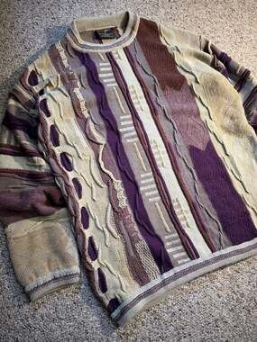 Vintage Bergati 3D Textured Knit Coogi Style Sweater Purple Tan Large